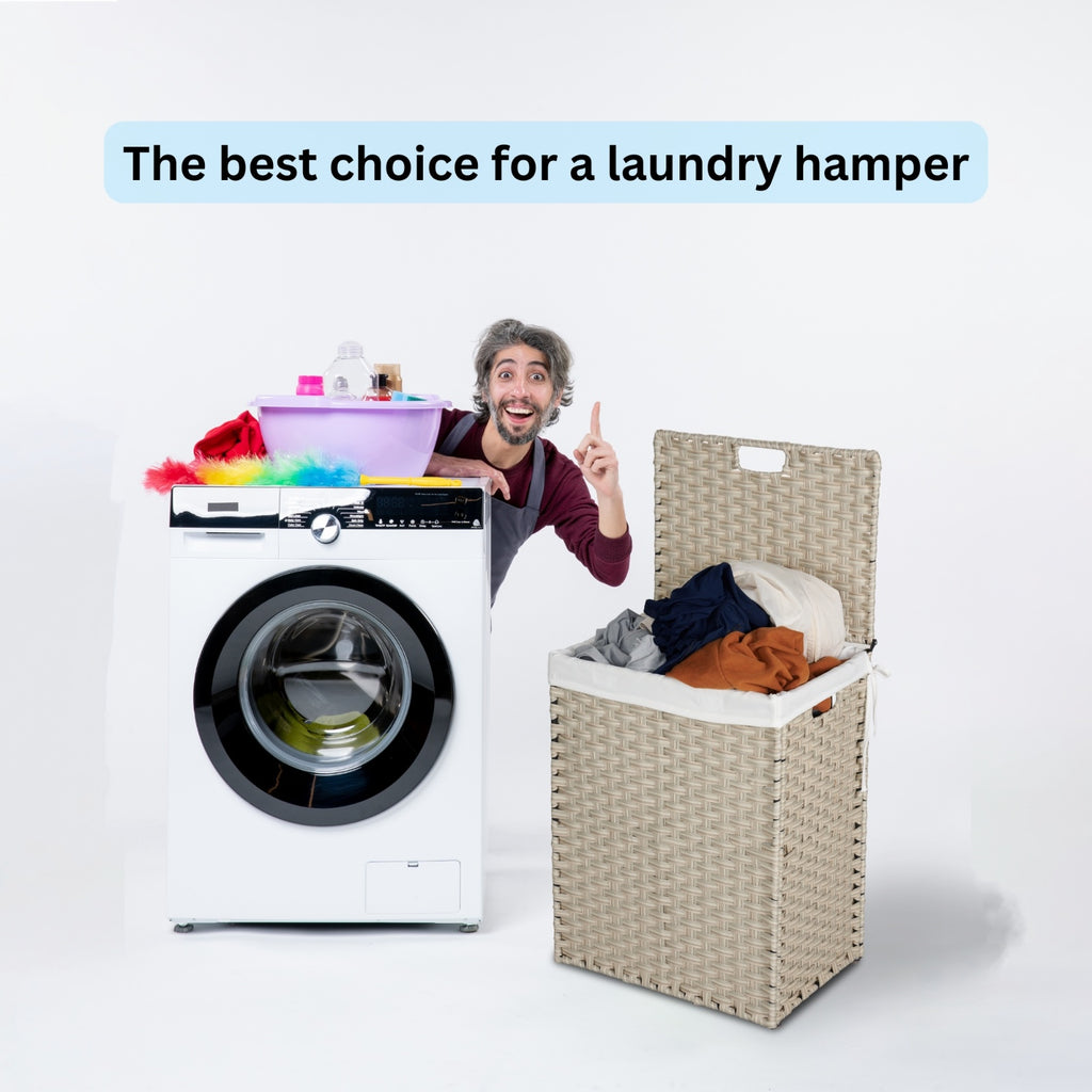 Rattan laundry hamper with lid filled with clothes next to a modern washing machine and man pointing