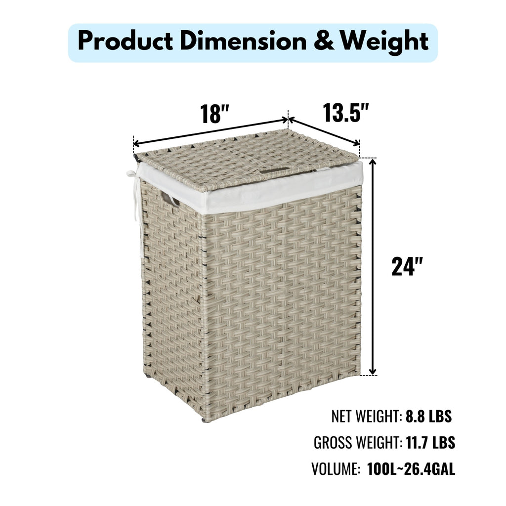 Shopi Vella rattan laundry hamper with lid measuring 18 by 13.5 by 24 inches in beige woven design