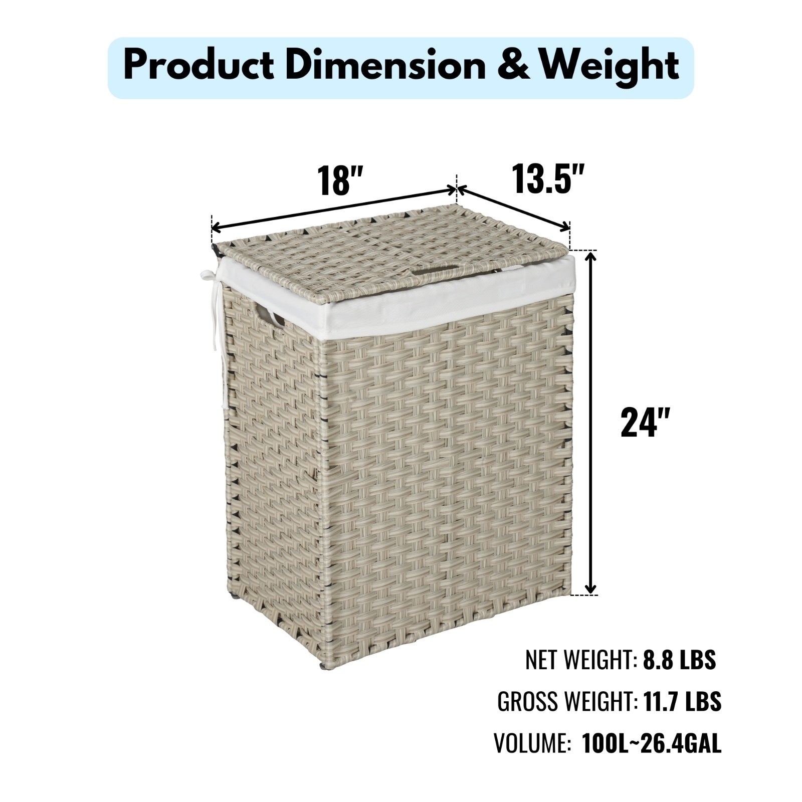 Shopi Vella rattan laundry hamper with lid measuring 18 by 13.5 by 24 inches in beige woven design