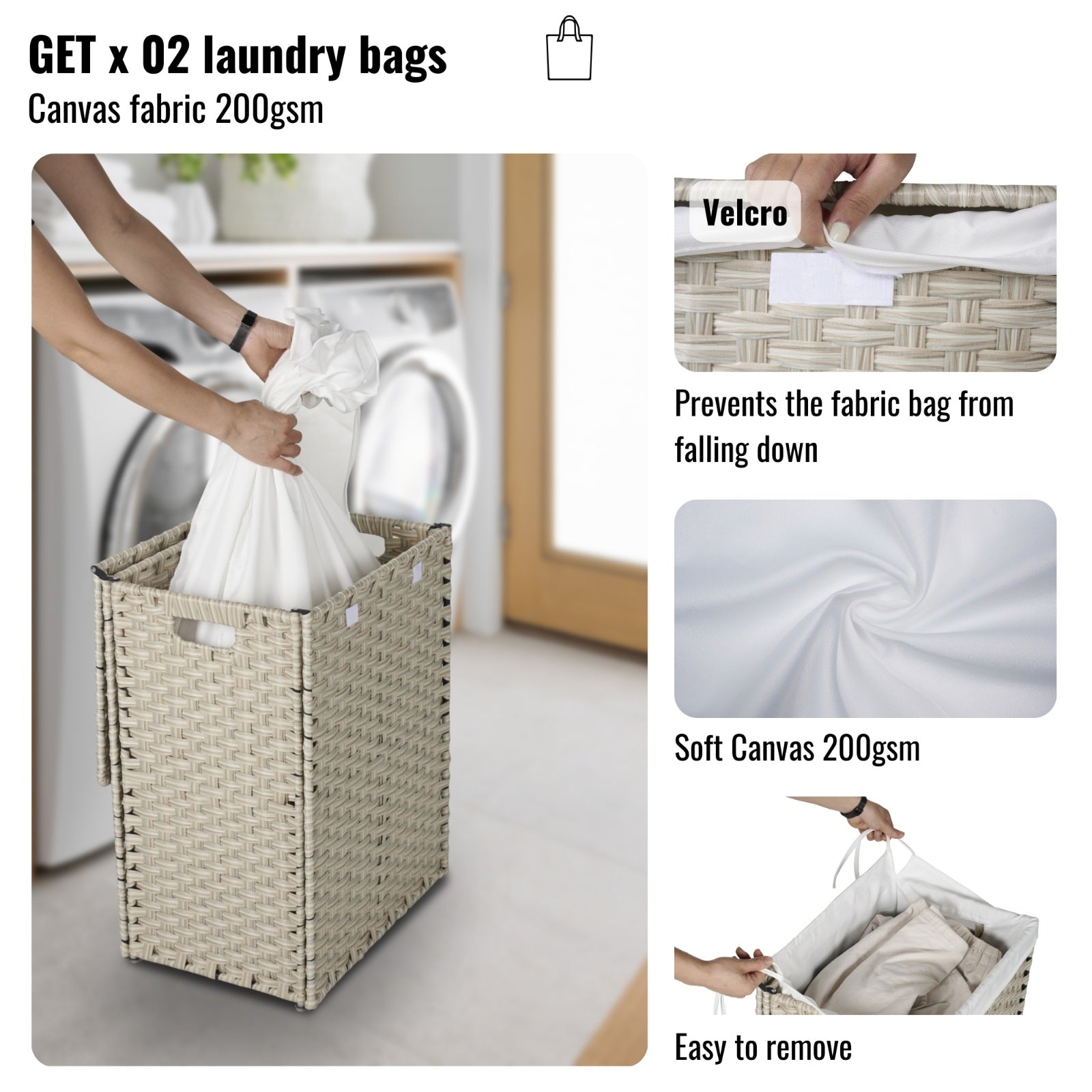 Rattan laundry hamper with lid featuring removable soft canvas fabric bags with velcro to prevent slipping