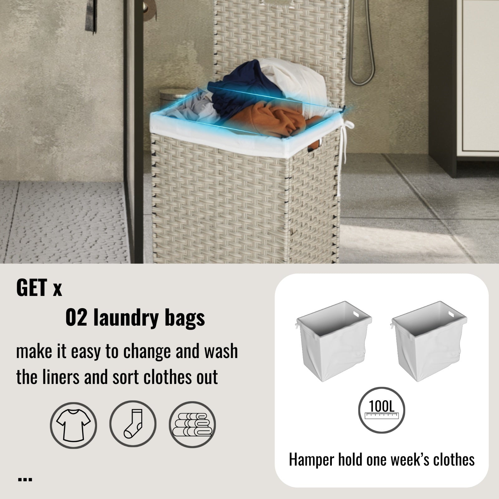 Shopi Vella rattan laundry hamper with lid containing laundry bags for easy clothes sorting and washing