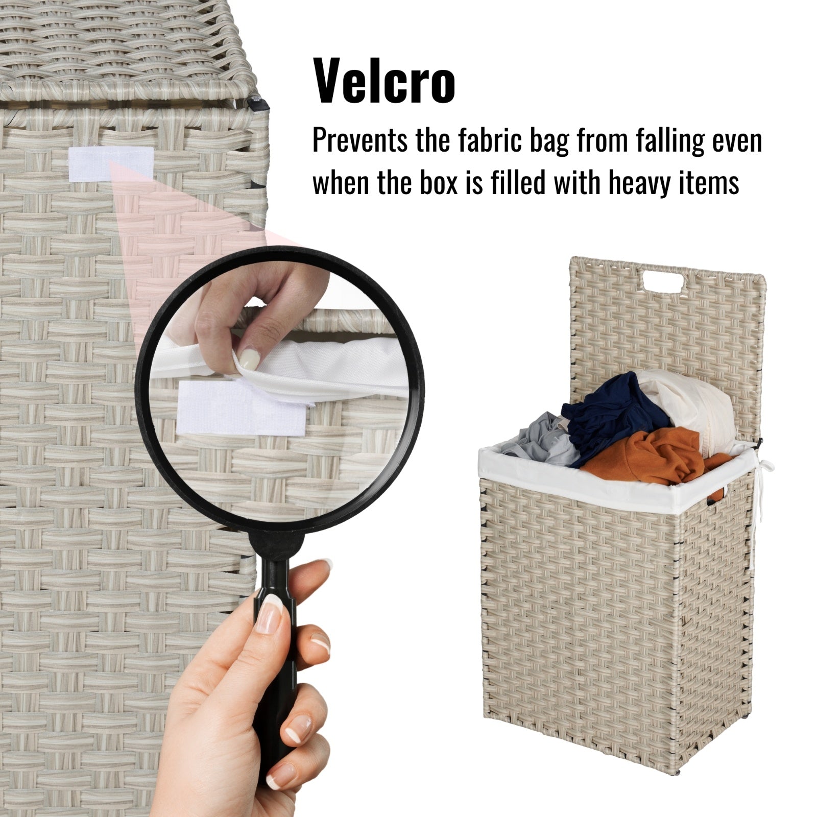 Shopi Vella rattan laundry hamper with lid featuring Velcro to secure fabric bag and hold heavy items