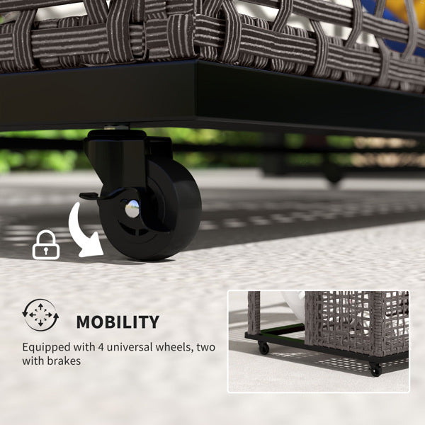 Close-up of black universal wheel with brake on rattan storage basket for home showing mobility feature