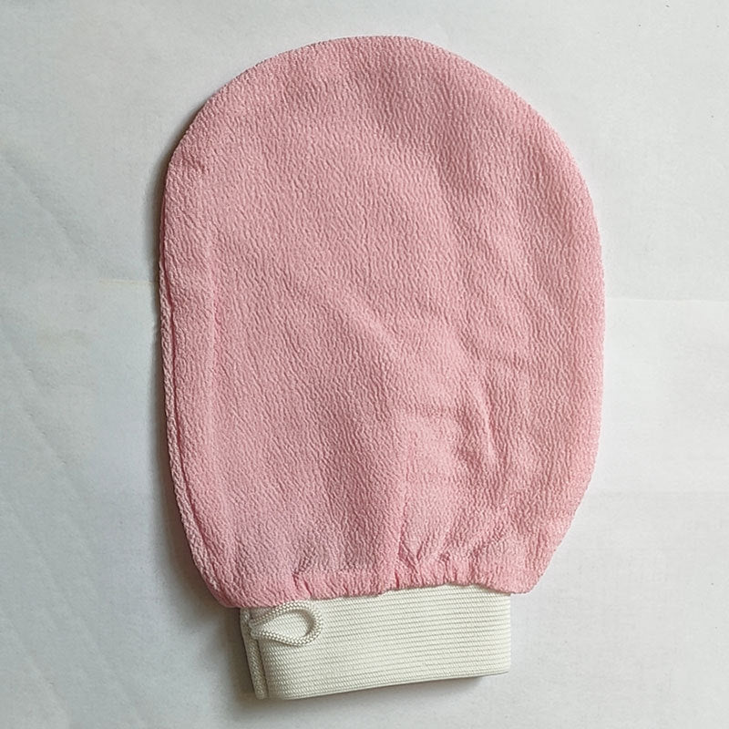 Shopi Vella pink rayon bath glove exfoliating mitt with elastic cuff for home spa use