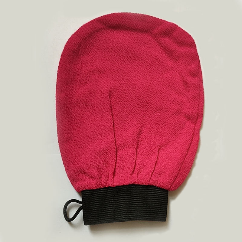 Shopi Vella red rayon bath glove exfoliating mitt with black elastic cuff for home storage
