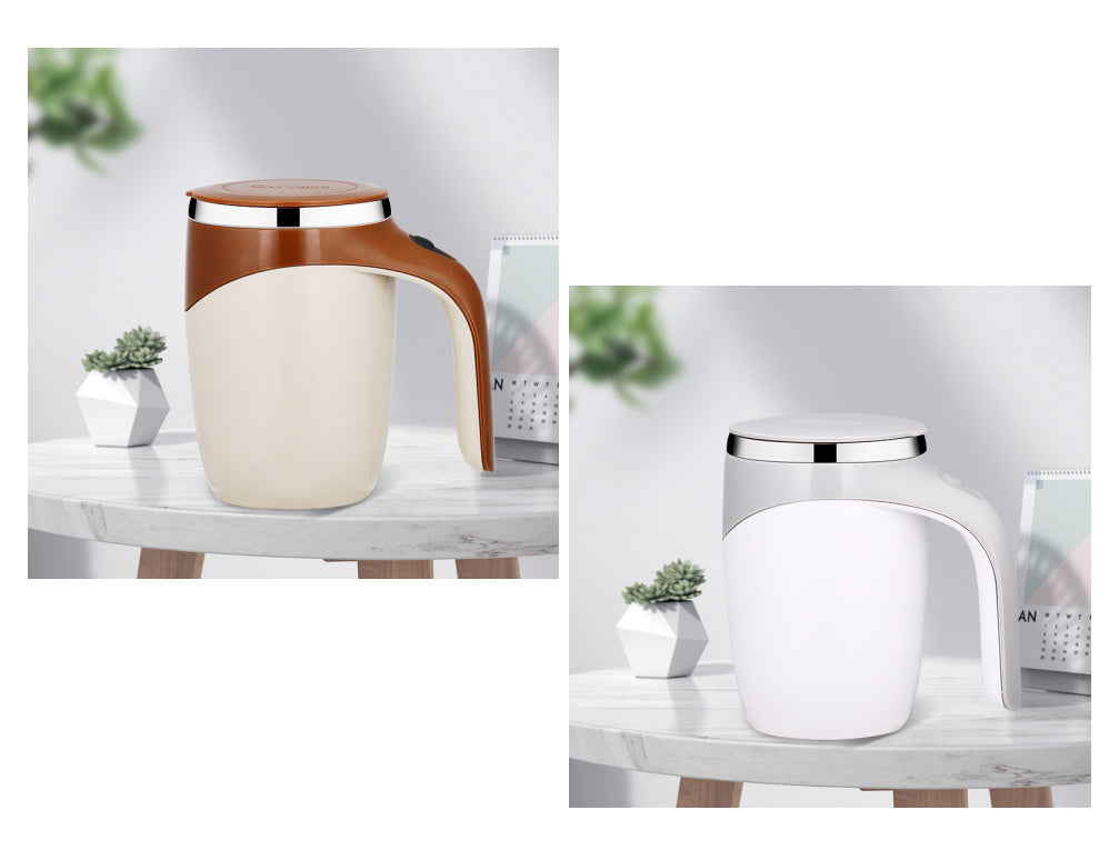 Shopi Vella rechargeable automatic stirring cup in brown and white color options on marble table