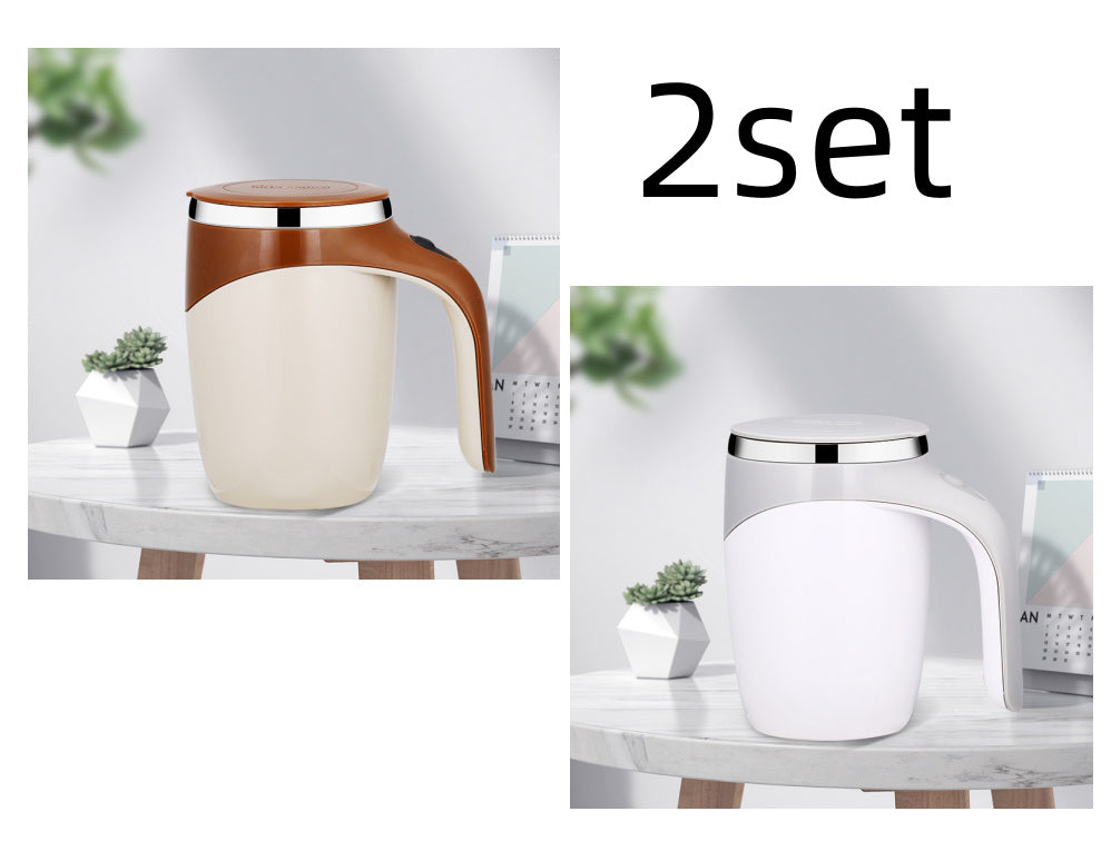 Shopi Vella rechargeable automatic stirring cup set with brown and white lids on marble table
