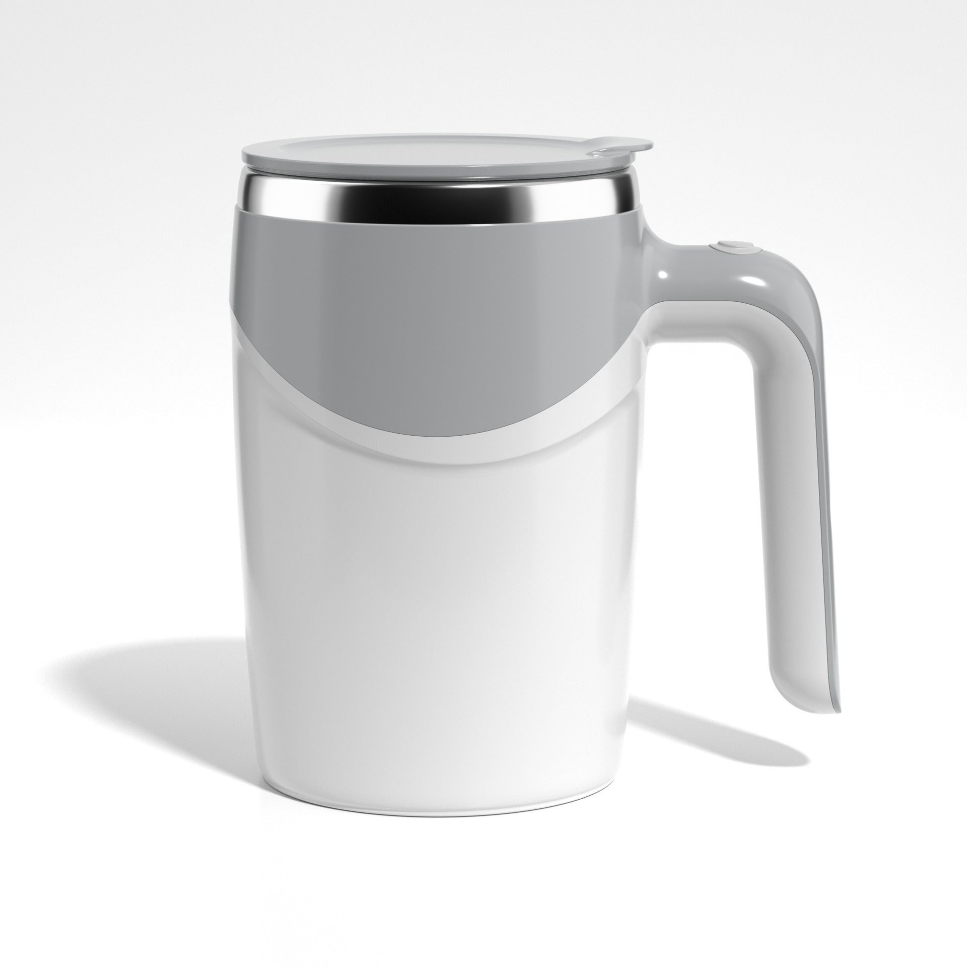 Shopi Vella rechargeable automatic stirring cup in white with gray lid and ergonomic handle