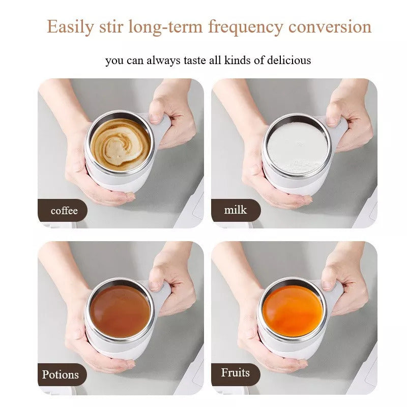 Rechargeable automatic stirring cup by Shopi Vella with coffee milk potions and fruits stirring feature