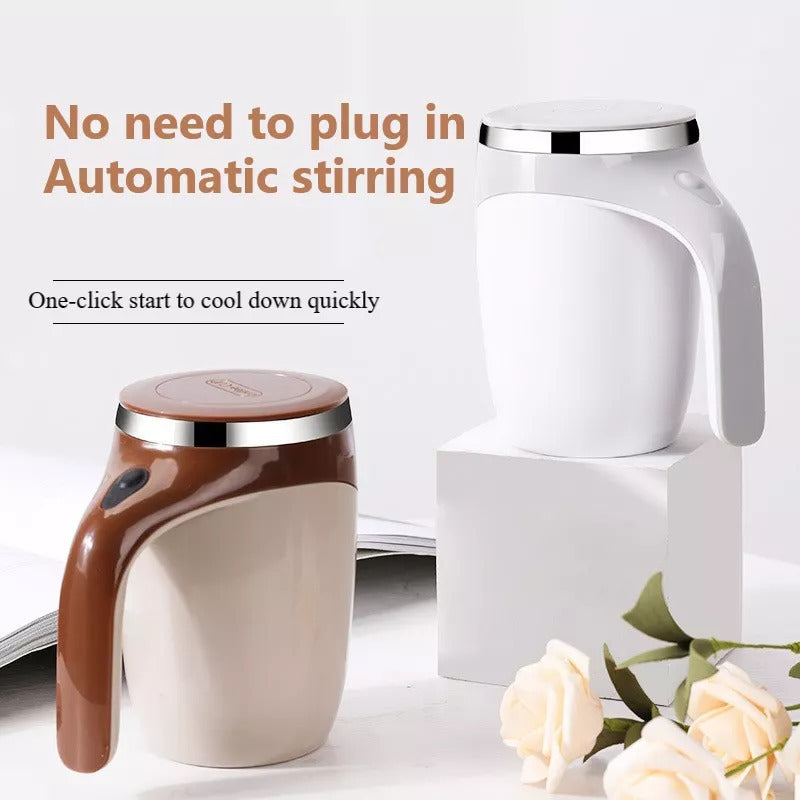 Shopi Vella rechargeable automatic stirring cup in white and brown with handle and lid for easy mixing