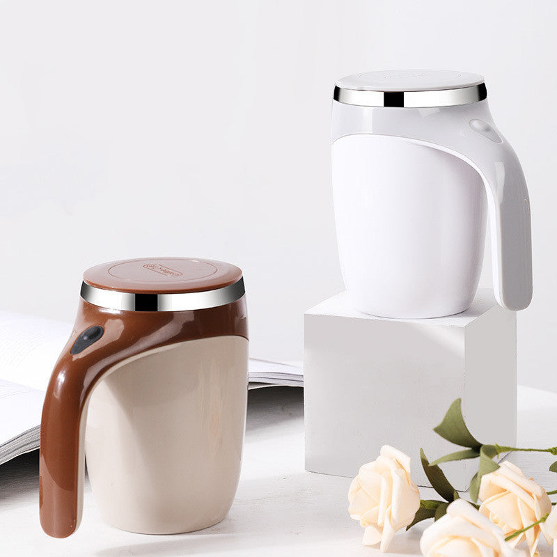 Shopi Vella rechargeable automatic stirring cup in brown and white colors with sleek ergonomic handle design