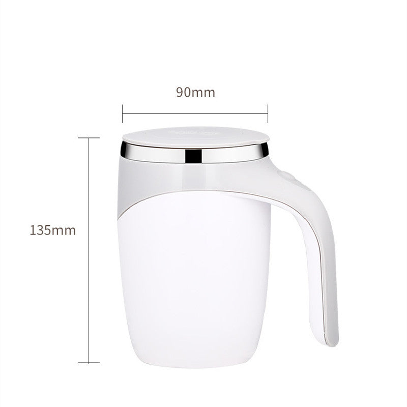 White rechargeable automatic stirring cup with handle and silver rim measuring 135mm height and 90mm diameter