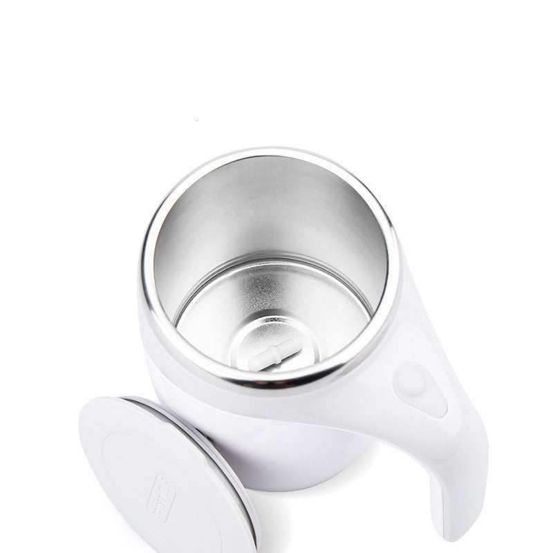 Shopi Vella rechargeable automatic stirring cup with white handle and removable lid for easy mixing