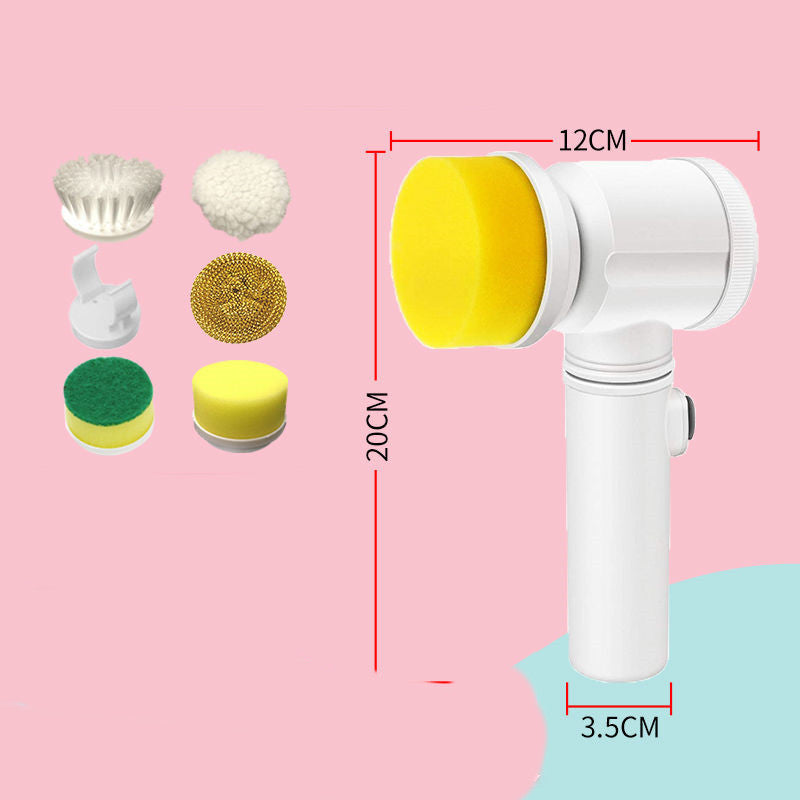 Rechargeable dishwashing brush with six interchangeable cleaning heads for versatile home storage