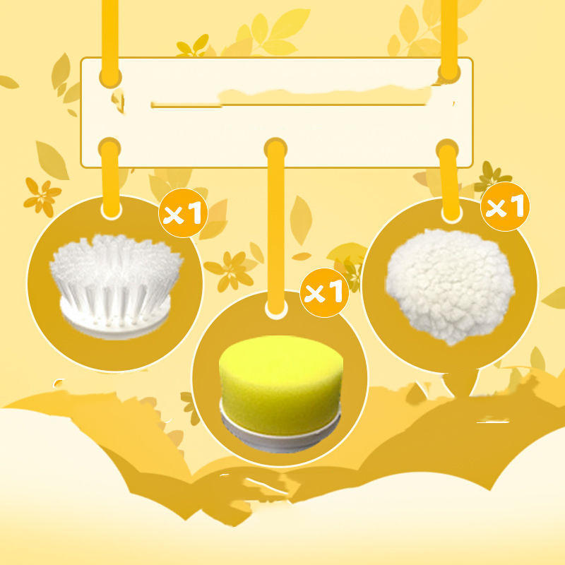 Rechargeable dishwashing brush replacement heads including white bristle, yellow sponge, and white scrubber pads