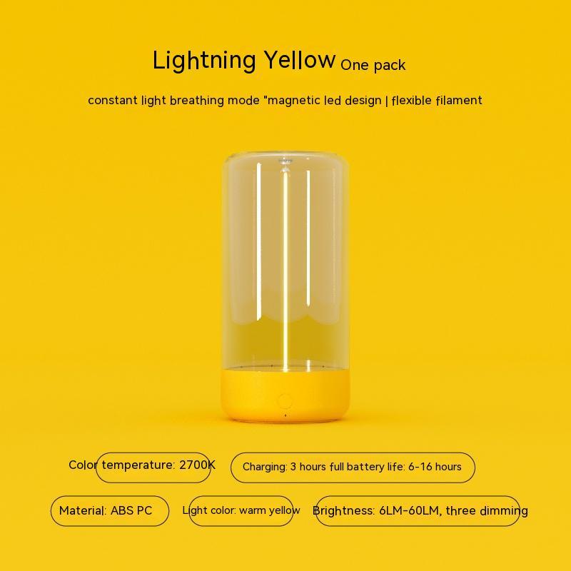 Rechargeable LED camping light in lightning yellow with flexible filament and magnetic LED design