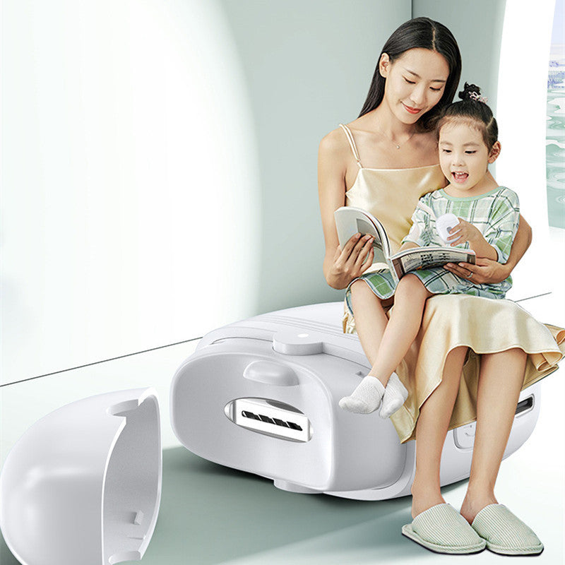 Rechargeable nail clippers for adults displayed with a mother and child reading together indoors