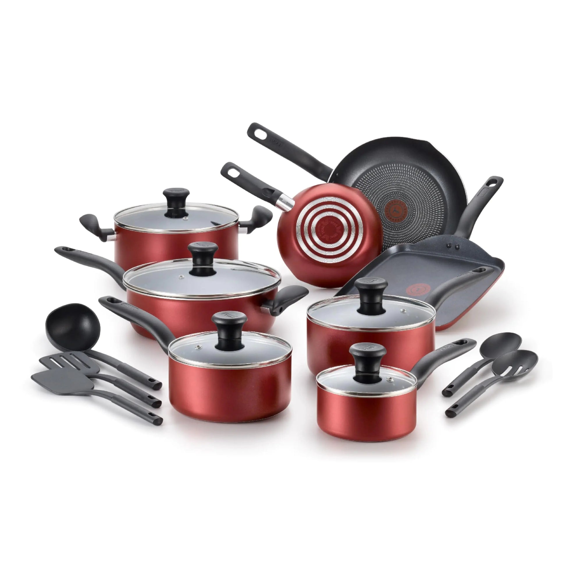 Shopi Vella oven safe pots and pans set in red with lids and cooking utensils included