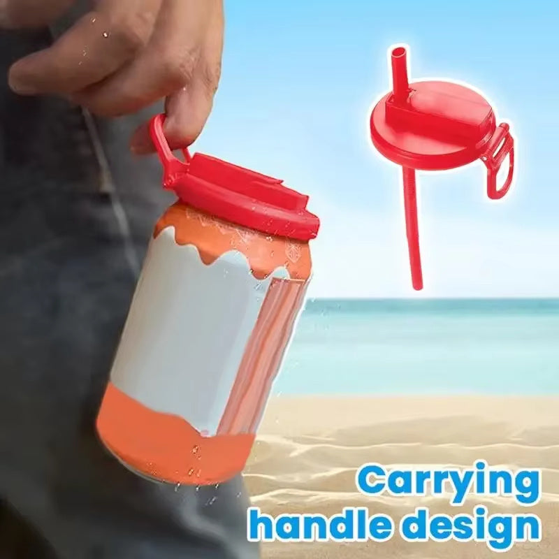 Reusable soda can lid with straw in red featuring a carrying handle design on a beach background