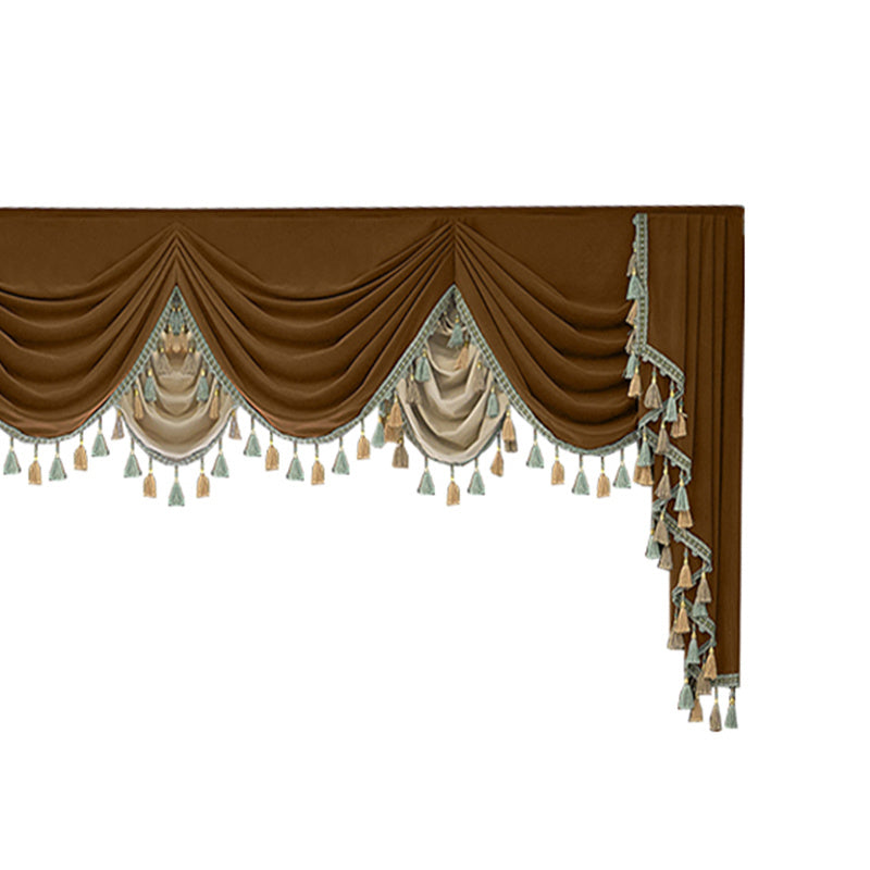 Shopi Vella retro luxury velvet curtains with draped design and decorative tassels in brown and beige