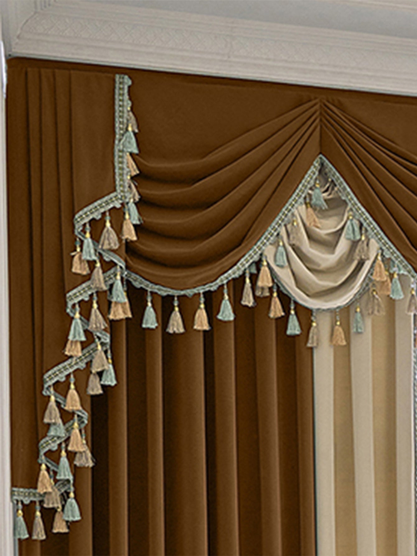 Shopi Vella retro luxury velvet curtains in brown with decorative tassels and layered draping