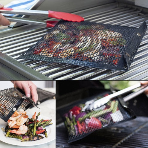 Reusable BBQ grill mesh bag by Shopi Vella for grilling vegetables and shrimp evenly on the grill