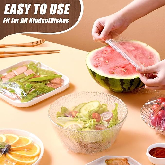 Shopi Vella reusable plastic bowl covers stretched over various bowls including watermelon and salad bowls