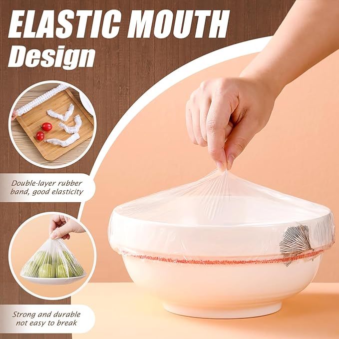 Shopi Vella reusable plastic bowl covers with elastic mouth design stretched over a white bowl