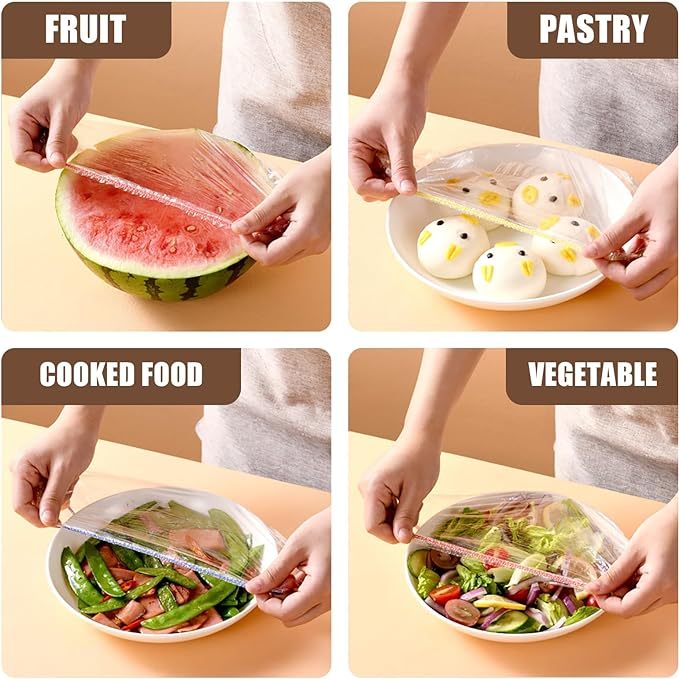 Shopi Vella reusable plastic bowl covers used to seal bowls with fruit, pastry, cooked food, and vegetables