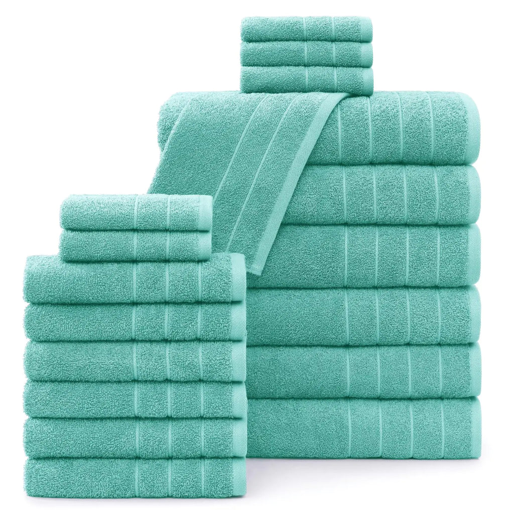 Aqua blue ring spun cotton towel set for bathroom stacked neatly with different towel sizes