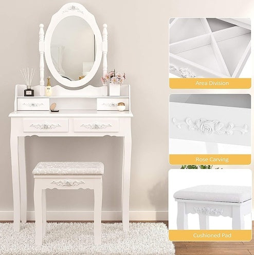 Shopi Vella white vanity table with cushioned stool and rose carving girls bedroom furniture set