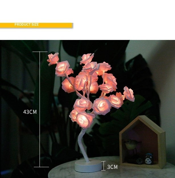 Shopi Vella rose flower LED night lamp with pink glowing flowers on a white base, measuring 43 cm tall