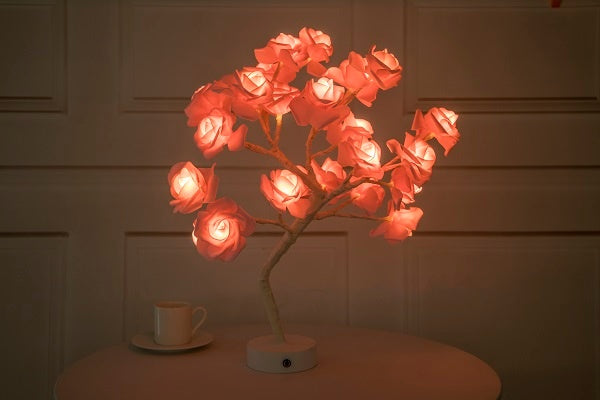 Shopi Vella rose flower LED night lamp with glowing pink roses on a white base for home storage decor
