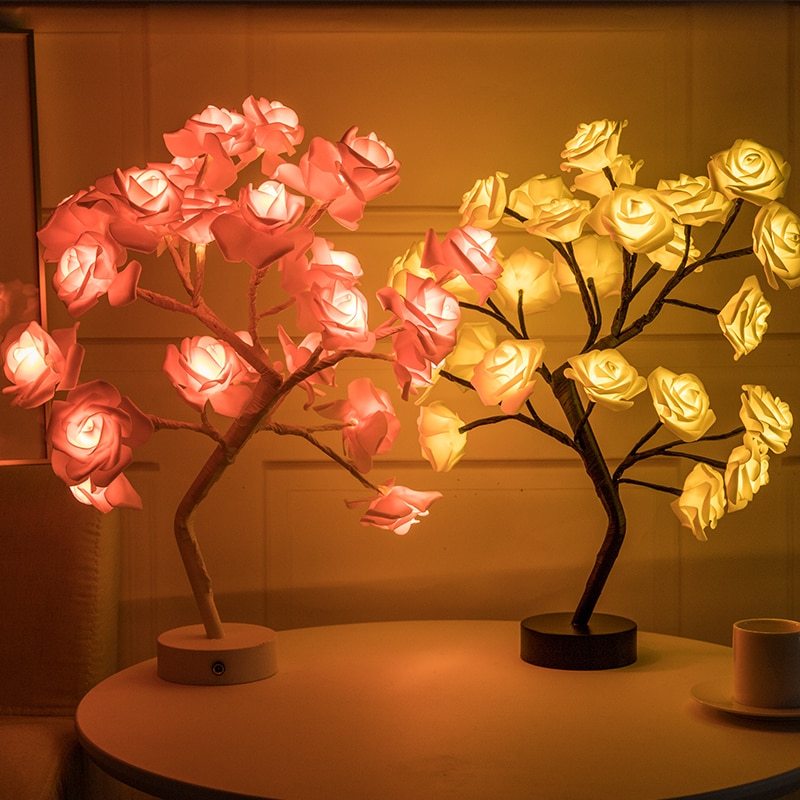 Shopi Vella rose flower LED night lamp in pink and yellow illuminating cozy home space