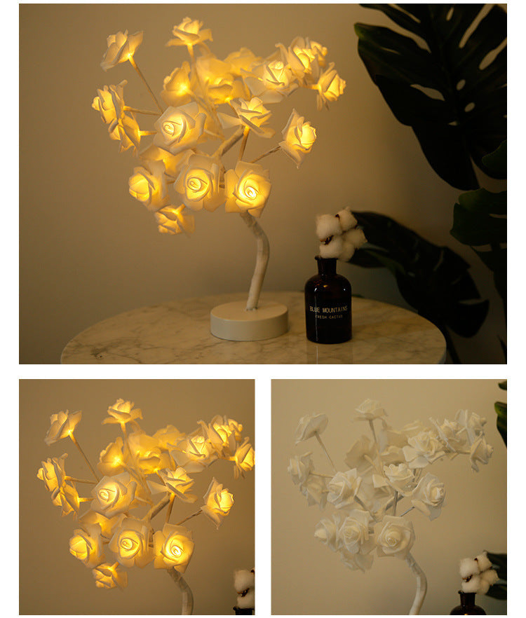 Shopi Vella rose flower LED night lamp with warm white glowing roses on a white stand