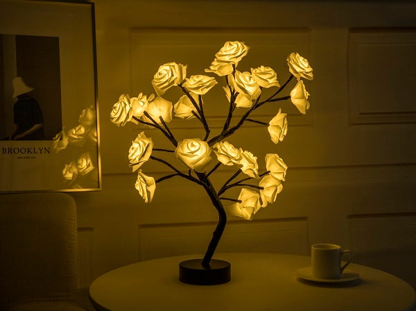 Shopi Vella rose flower LED night lamp with 18 glowing white roses on a black branch base