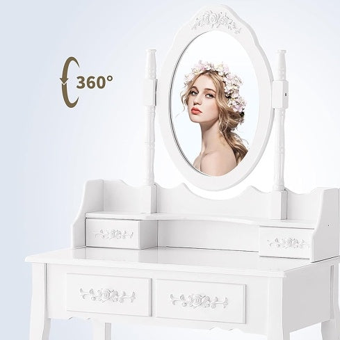 Shopi Vella white vanity table with oval mirror and decorative drawers for girls bedroom furniture set