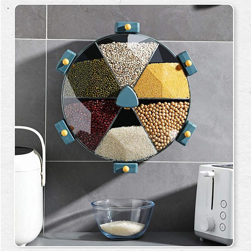 Shopi Vella rotating cereal dispenser for kitchen with six compartments mounted on gray tile wall