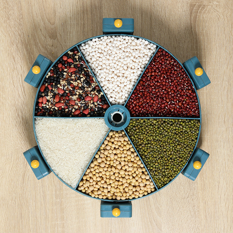 Shopi Vella rotating cereal dispenser for kitchen with six compartments filled with grains and beans