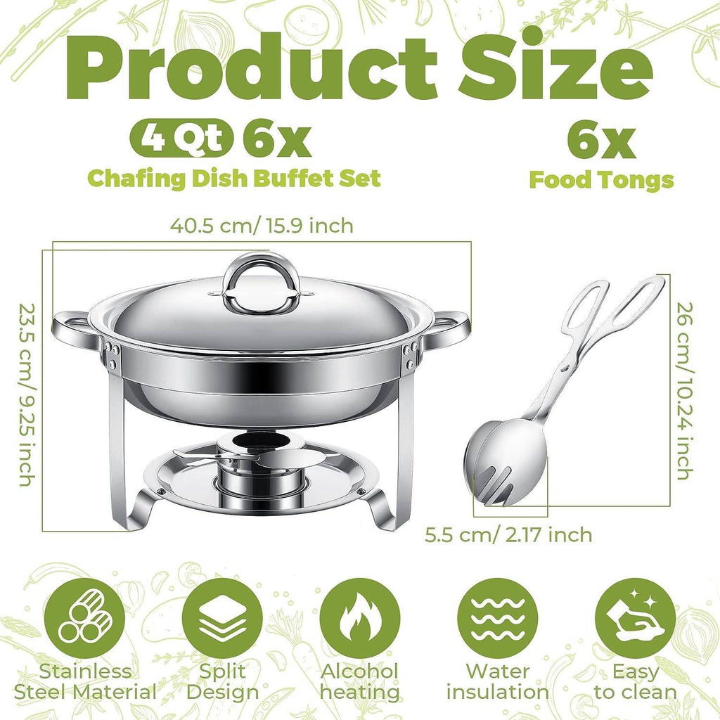 Shopi Vella round buffet catering dish set with 4 quart chafing dish and 6 food tongs in stainless steel