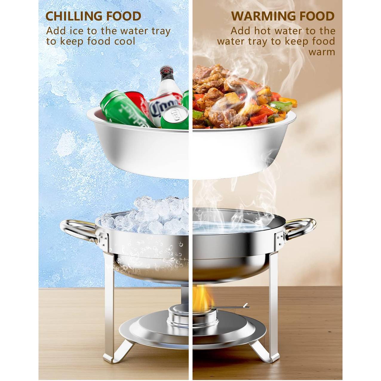 Shopi Vella round buffet catering dish set with chilled ice tray and warming food tray for events
