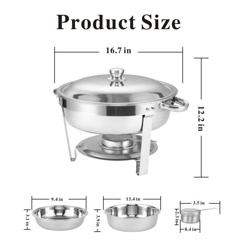 Shopi Vella round buffet catering dish set with stainless steel chafing dish and three serving bowls with measurements