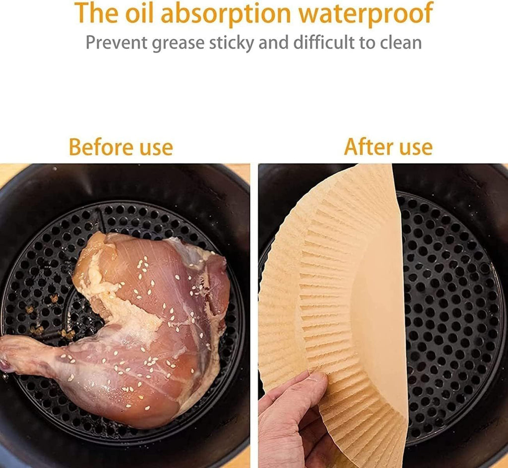 Round oil absorbing baking paper showing before and after use with oil absorption in black air fryer basket