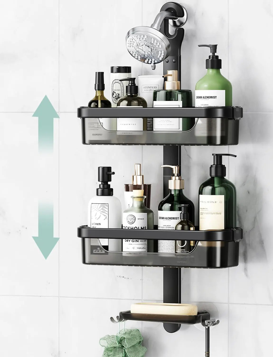 Black rust proof shower caddy organizer with two shelves holding toiletries under a showerhead