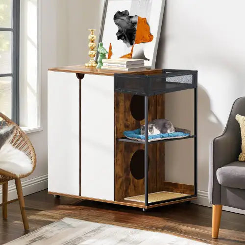 Rustic cat litter furniture cabinet with wood finish and metal frame featuring a cozy cat resting on a blue cushion
