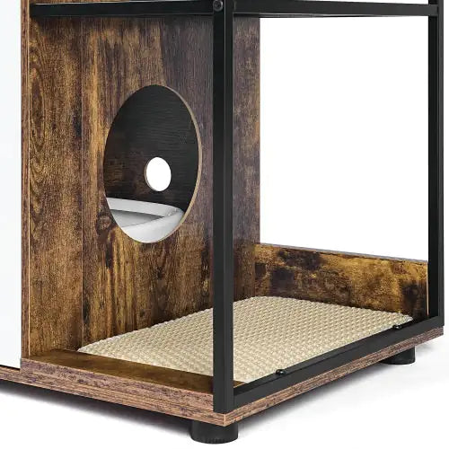 Rustic cat litter furniture cabinet with wood finish and black metal frame featuring a circular entry hole