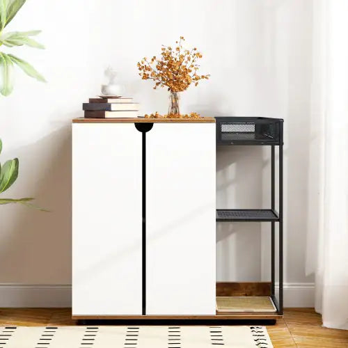 Rustic cat litter furniture cabinet with white doors and black metal shelving for pet storage