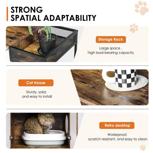 Rustic cat litter furniture cabinet with storage rack, cat house, and retro desktop features