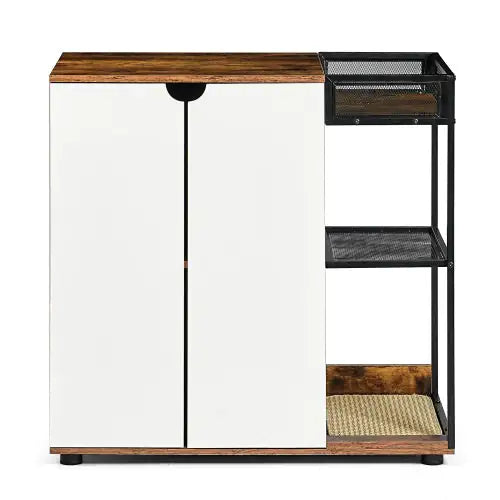 Rustic cat litter furniture cabinet with white doors, wood top, black metal shelves, and scratching pad