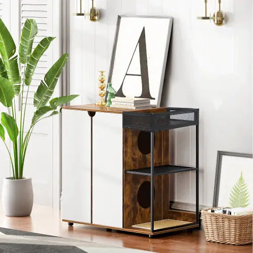 Rustic cat litter furniture cabinet in wood and metal with storage shelves and enclosed compartment